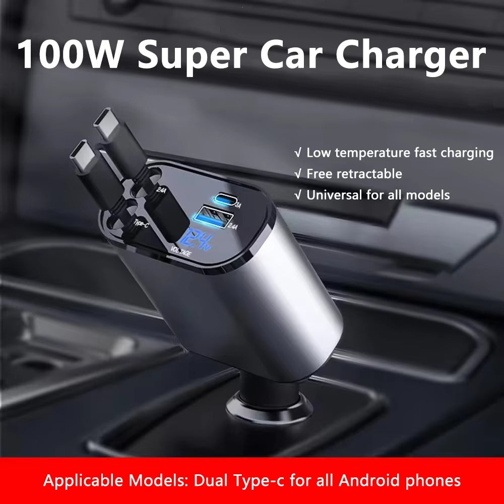 4 in 1 Car Charger 120W Retractable Car Cigarette Lighter Adapter USB Type C Fast Charger Cable for Iphone Xiaomi Huawei Samsung