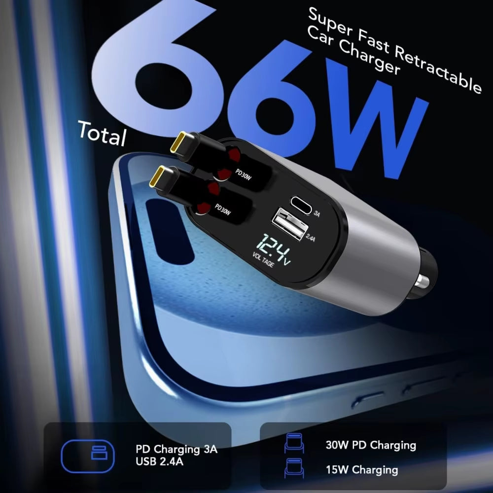 4 in 1 Car Charger 120W Retractable Car Cigarette Lighter Adapter USB Type C Fast Charger Cable for Iphone Xiaomi Huawei Samsung