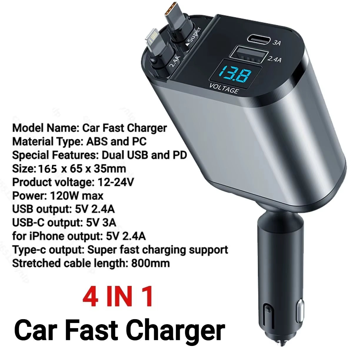 4 in 1 Car Charger 120W Retractable Car Cigarette Lighter Adapter USB Type C Fast Charger Cable for Iphone Xiaomi Huawei Samsung