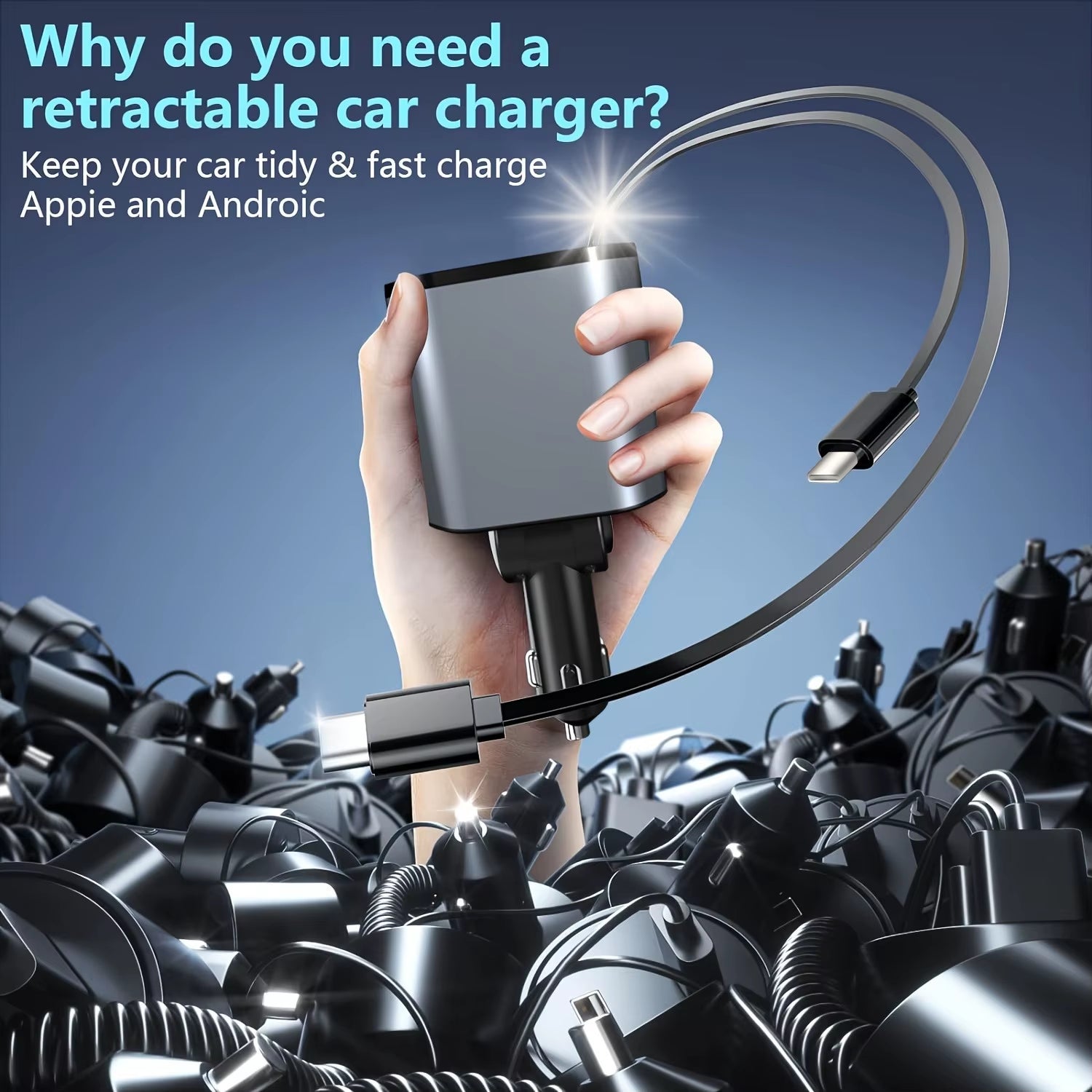 4 in 1 Car Charger 120W Retractable Car Cigarette Lighter Adapter USB Type C Fast Charger Cable for Iphone Xiaomi Huawei Samsung