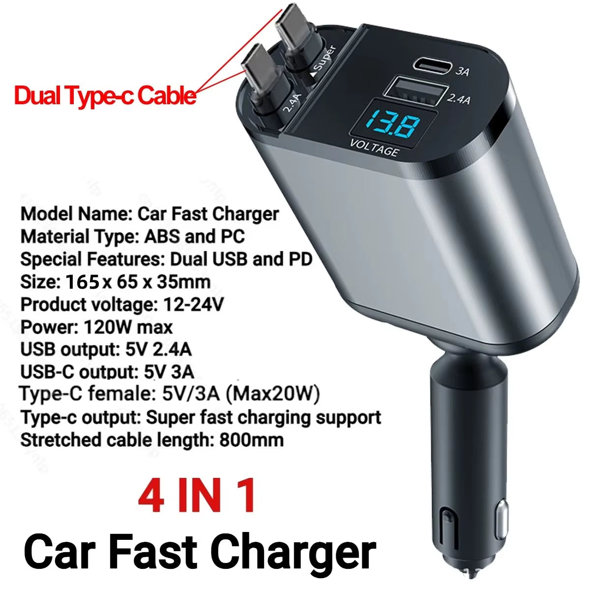 4 in 1 Car Charger 120W Retractable Car Cigarette Lighter Adapter USB Type C Fast Charger Cable for Iphone Xiaomi Huawei Samsung