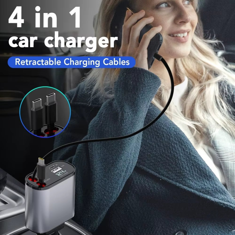 4 in 1 Car Charger 120W Retractable Car Cigarette Lighter Adapter USB Type C Fast Charger Cable for Iphone Xiaomi Huawei Samsung
